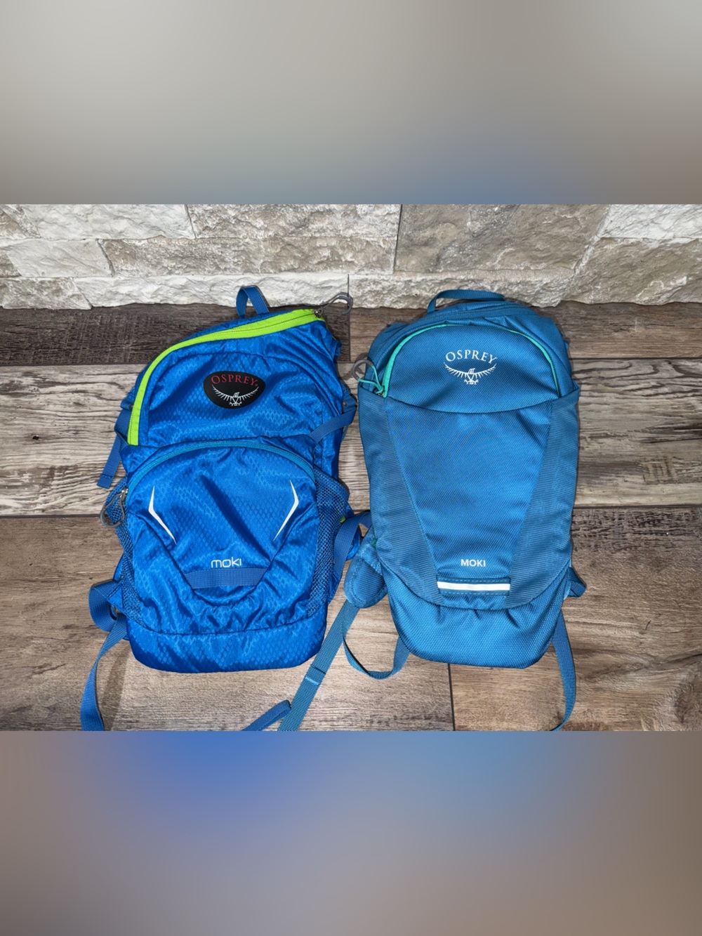 (2) Osprey Moki Backpack 1.5 No Bladder Kids Bags Green/Blue